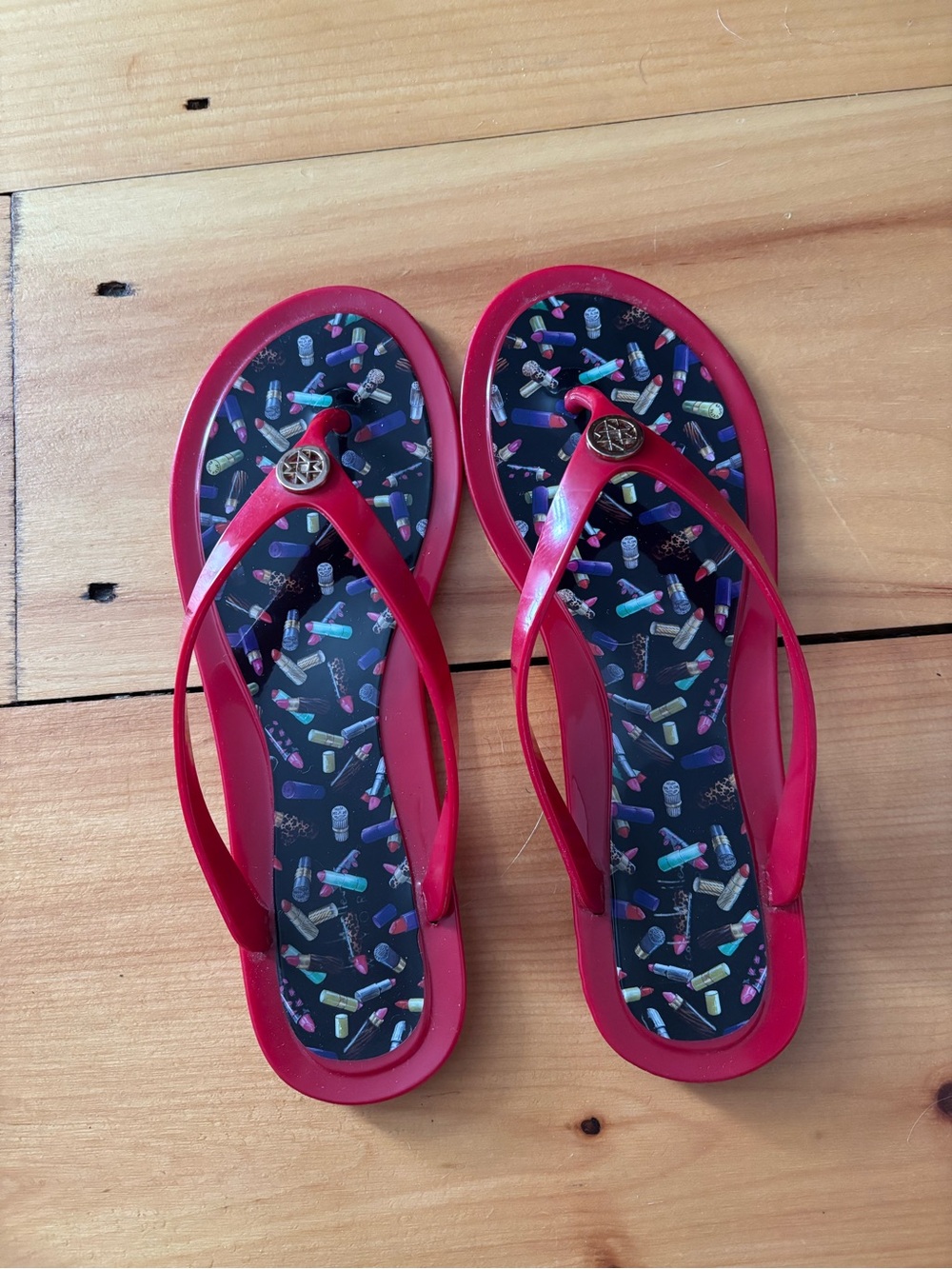 Nicole Miller Red Jelly Flip Flops with Colorful Patterned Footbed